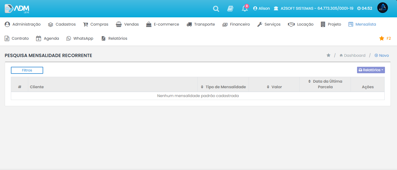 Tela de controle de mensalidades recorrentes